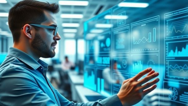 Professional examining digital interface for AI media infrastructure analysis.