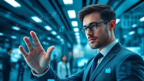 AI media infrastructure: Businessman using digital screen in modern office.