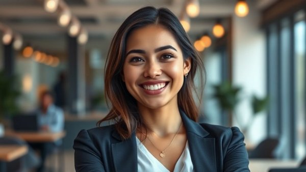Confident young entrepreneur smiling in modern office, business growth capital.