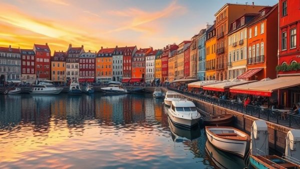 Vibrant Copenhagen harbor at dusk, reflecting colorful lights.