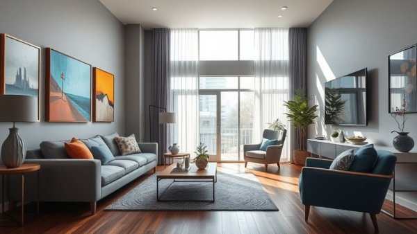 Stylish modern living room with contemporary decor and lighting.