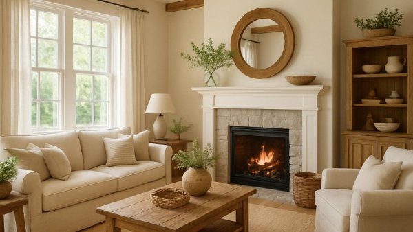 Spacious farmhouse living room design, cozy fireplace, rustic decor.