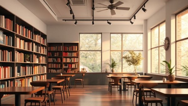 Dreamy café with bookshelves and modern tables, text overlay.