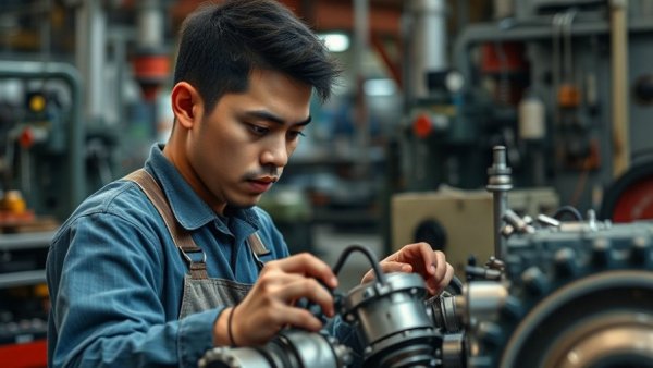 Worker assembling machinery at U.S. Boiler Lancaster Expansion