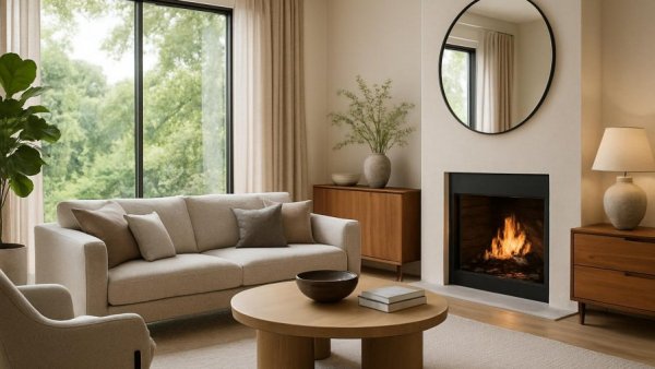 Rustic modern living room with fireplace and nature view.