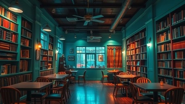 Colorful vintage cafe with book-lined walls and gradient colors.