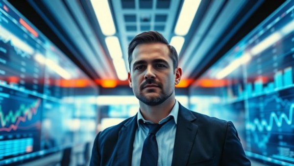 Confident businessman in tech office with data screens, AI driven marketing strategies