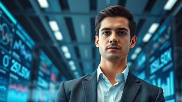 Confident businessman in modern office with digital screens for AI-driven marketing.