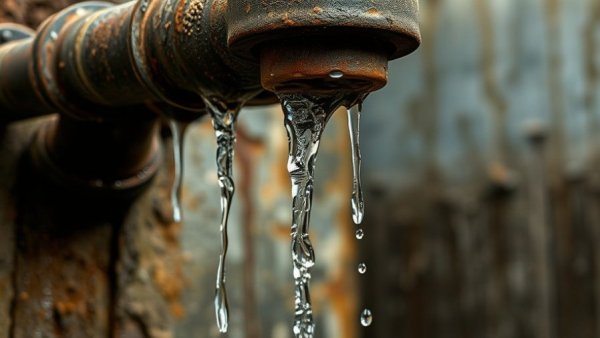Rusty pipes leaking water in industrial setting, illustrating maintenance issues.