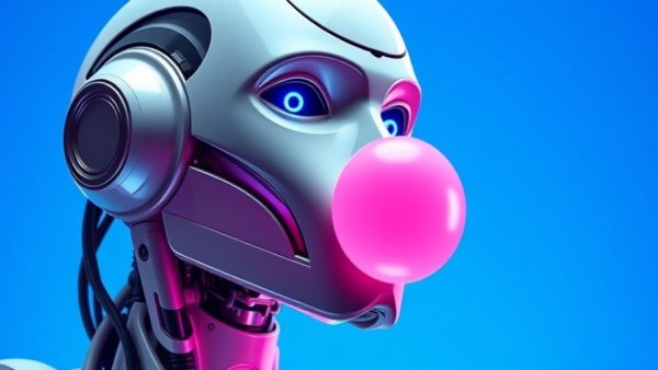 Futuristic humanoid robot blowing bubblegum, symbolizing AI investment hype cycle.