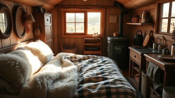 Cozy rustic tiny home with heirloom winter bed and scenic view.