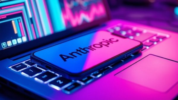Smartphone displaying 'Anthropic' on a colorful laptop keyboard, signifying business growth capital.