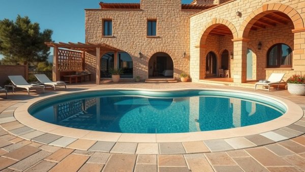 Charming villa with pool and loungers, arched architecture, daytime.