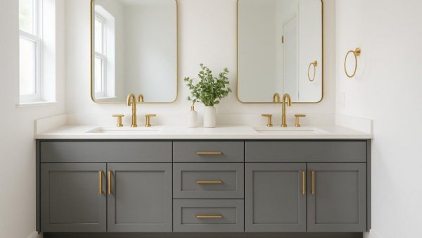 Modern bathroom with gray vanity, gold fixtures, and natural light in Houston TX.