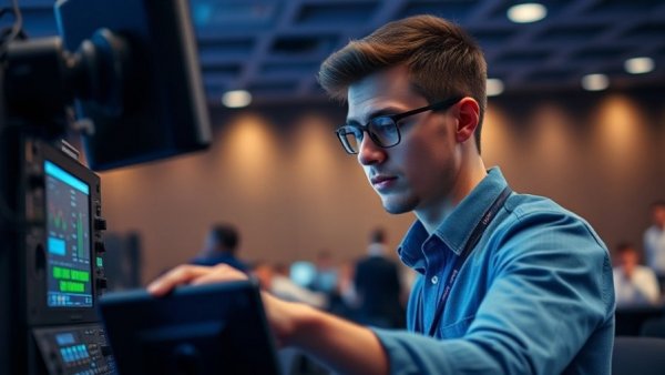 Audio-visual technician managing event equipment, choosing audio-visual concierge services.