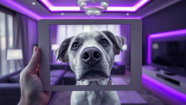 Bloomin8 Smart Frame showcasing dog image in modern purple-lit room.