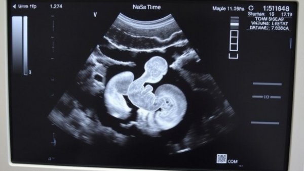 AI-powered fetal ultrasound image showing fetus in womb.