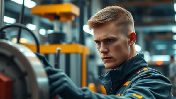 Focused worker managing machinery in an industrial setting.