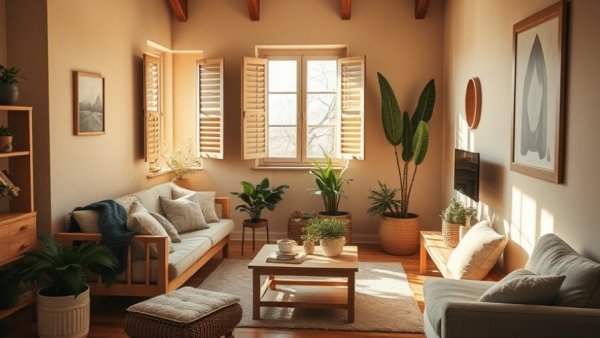 Earthy living room design with cozy tones and natural elements.