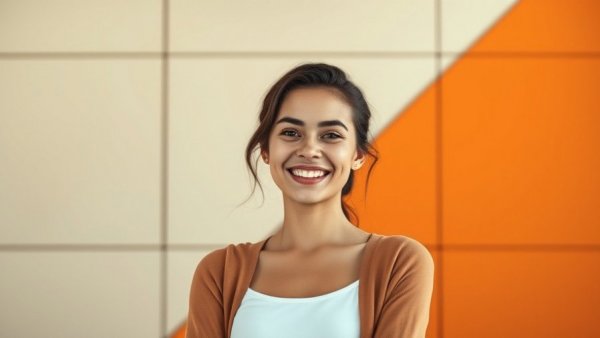 Young woman smiling confidently against geometric background, healthy skin