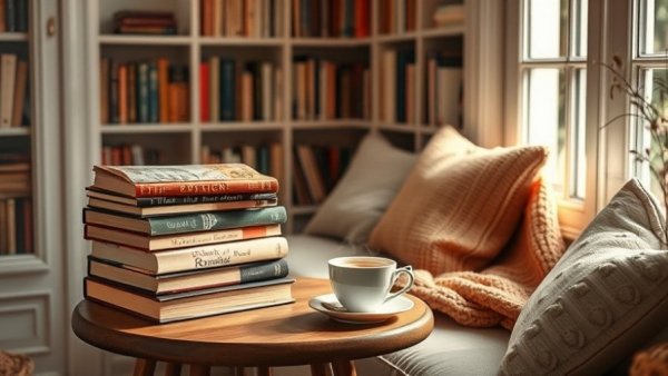 Cozy reading nook with romantic novels and tea, setting clean romance reading goals.