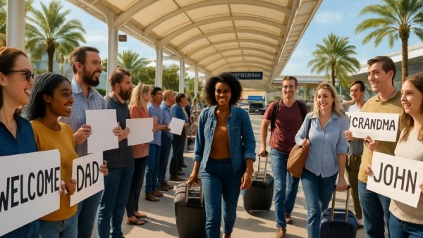 Cabo Airport arrival time scene with people waiting under a canopy.