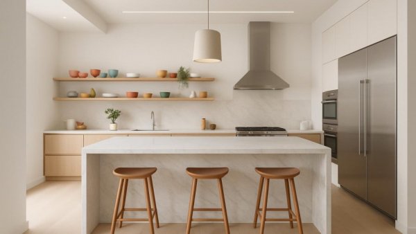 Modern kitchen design with marble island and wooden stools, home design trends 2026.