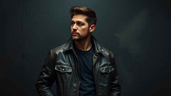 Moody man in leather jacket, emotional and contemplative, isolated view.