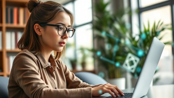 Focused young woman with glasses creating custom AI content in modern office.