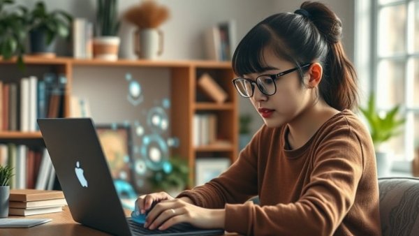 Young woman creating custom AI content on laptop in cozy office.