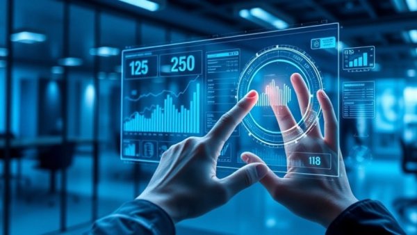 AI marketing assistant holographic interface in a modern office.