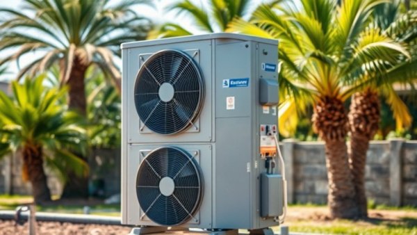 Outdoor heat pump unit with palm trees in sunlight.