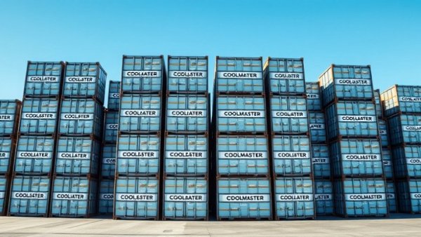 Stacked HVAC refrigerant containers at supply chain site.