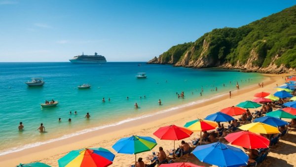 Cabo San Lucas beach scene with cruise ship and umbrellas.