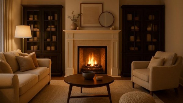 Elegant transitional family room design with cozy fireplace setup.