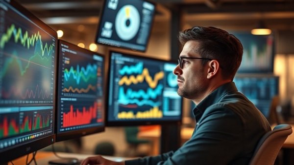 Man analyzing data trends for online stores in modern office.