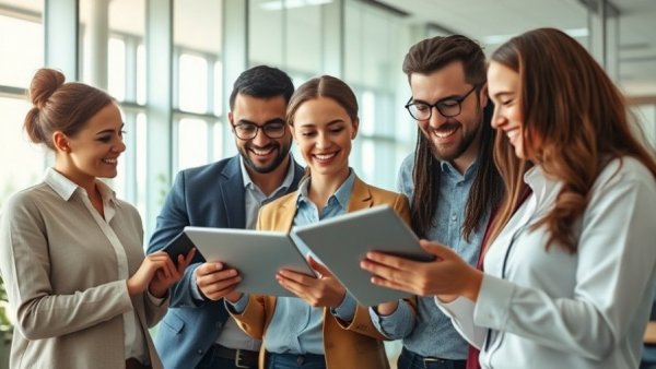 Team discussing management consulting apps and software solutions in office.