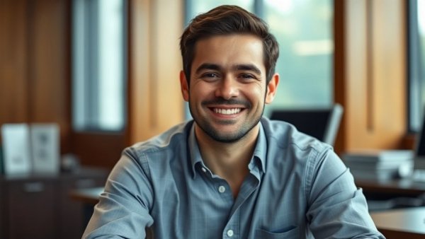Smiling man in Besel's shirt in an office setting.