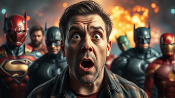 Stunned man's reaction to superhero movie scenes, medical misinformation in movies theme.