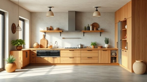 Minimalist sustainable kitchen design with natural wood and decor.