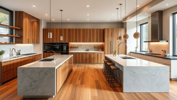 Modern kitchen island designs showcasing diverse styles and materials.