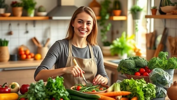 Young woman cooking healthy meal in kitchen, highlighting carbohydrates and brain health.