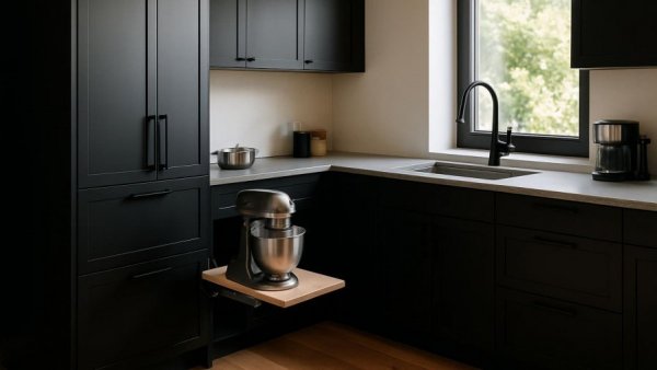 Modern kitchen with black cabinets and pull-out shelf