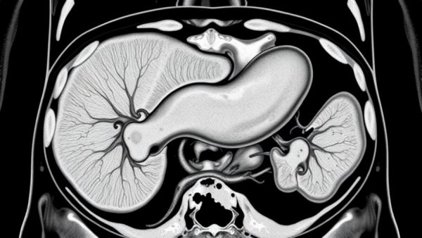 Abdominal scan highlighting pancreas for early detection of pancreatic cancer.