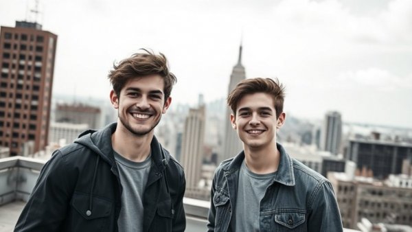 Two smiling men on a rooftop with NYC skyline. AI Calendar Scheduling.