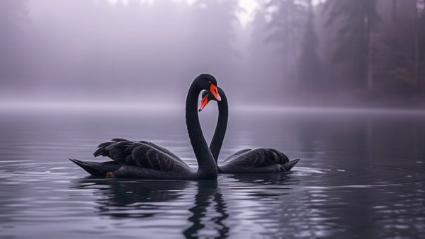 Historical fiction mystery cover with two swans on a misty lake.