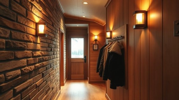 Modern ski chalet hallway with rustic decor and warm lighting.
