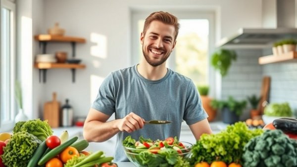 Man preparing salad in sunny kitchen for meal planning.