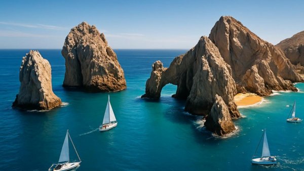 Los Cabos Safety: Aerial view of rock formations and boats