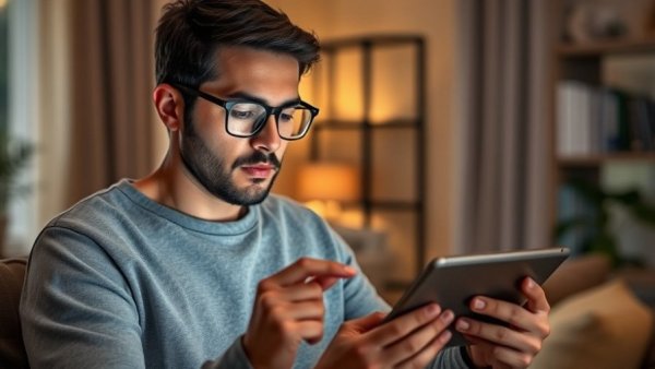 Young man examines personal safety device in cozy room.